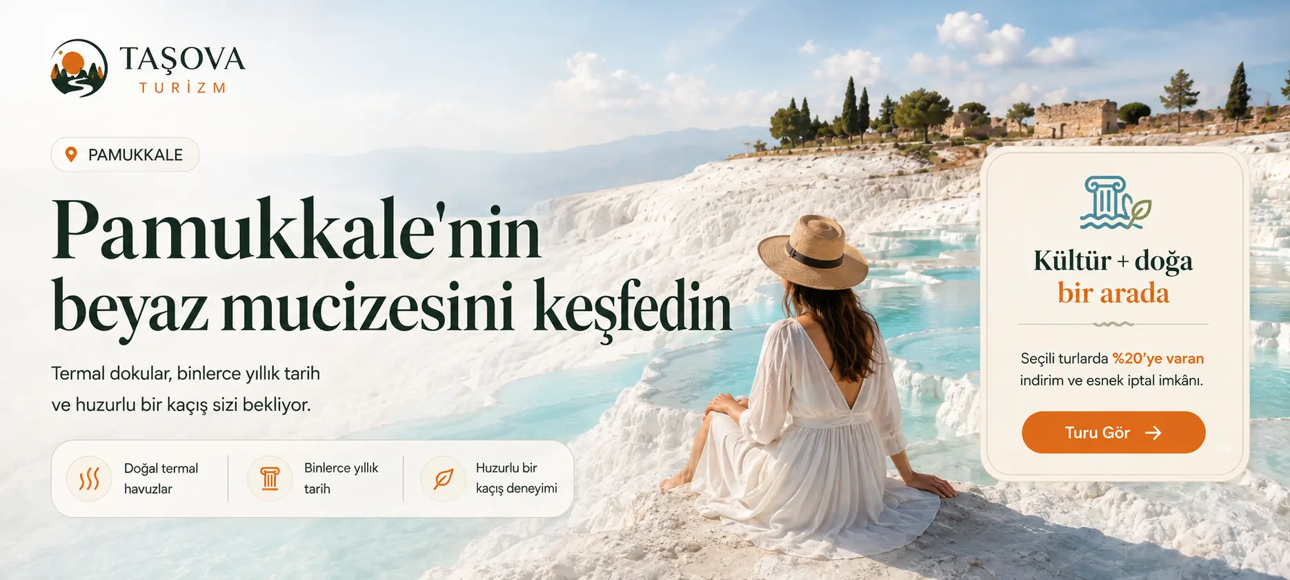 Pamukkale'nin beyaz mucizesini keşfedin; kültür ve doğa bir arada.